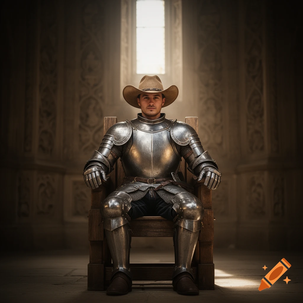 Photorealistic image of a man in full knight's armor and a cowboy hat, sitting in a wooden chair in a grand, dimly lit hall.
