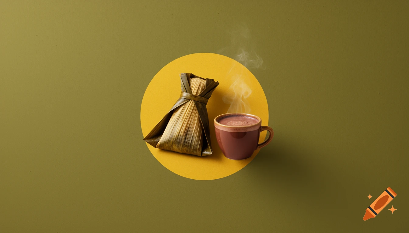 A tamal wrapped in leaves next to a steaming cup of hot chocolate on a yellow circle against an olive green background.