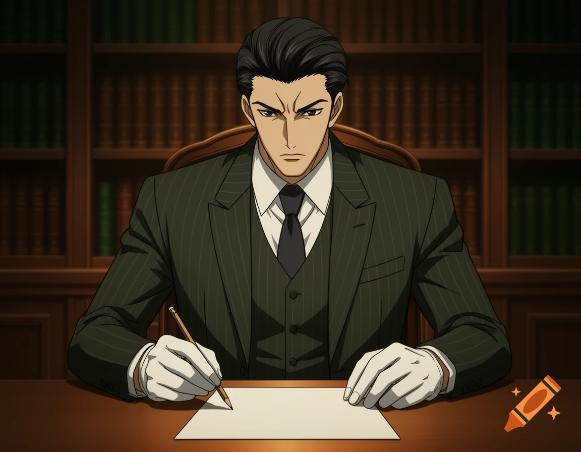 Anime man in a pinstripe suit and white gloves sits at a desk in a library, holding a pencil over blank paper.