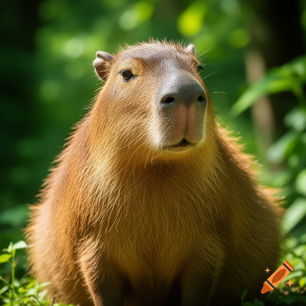 A close-up, photorealistic portrait of a capybara looking forward, set against a blurred green forest background.