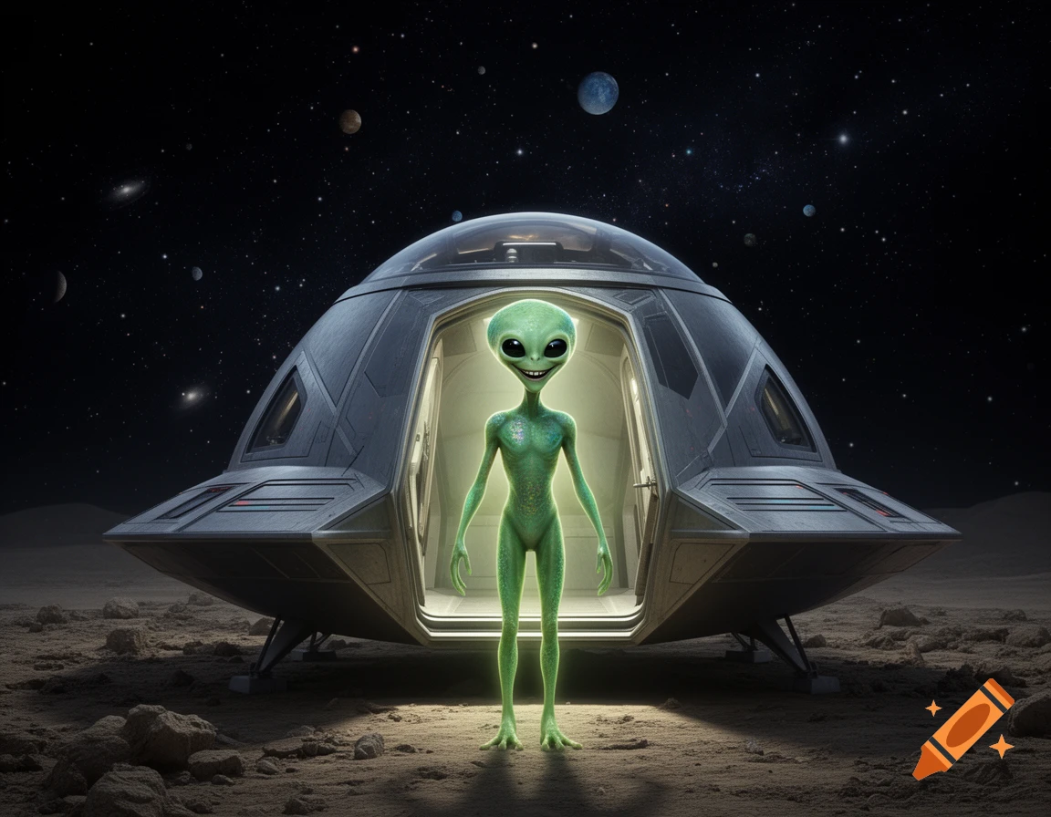 A green alien with a smile stands in the open doorway of a futuristic spaceship on a rocky planet under a starry sky.