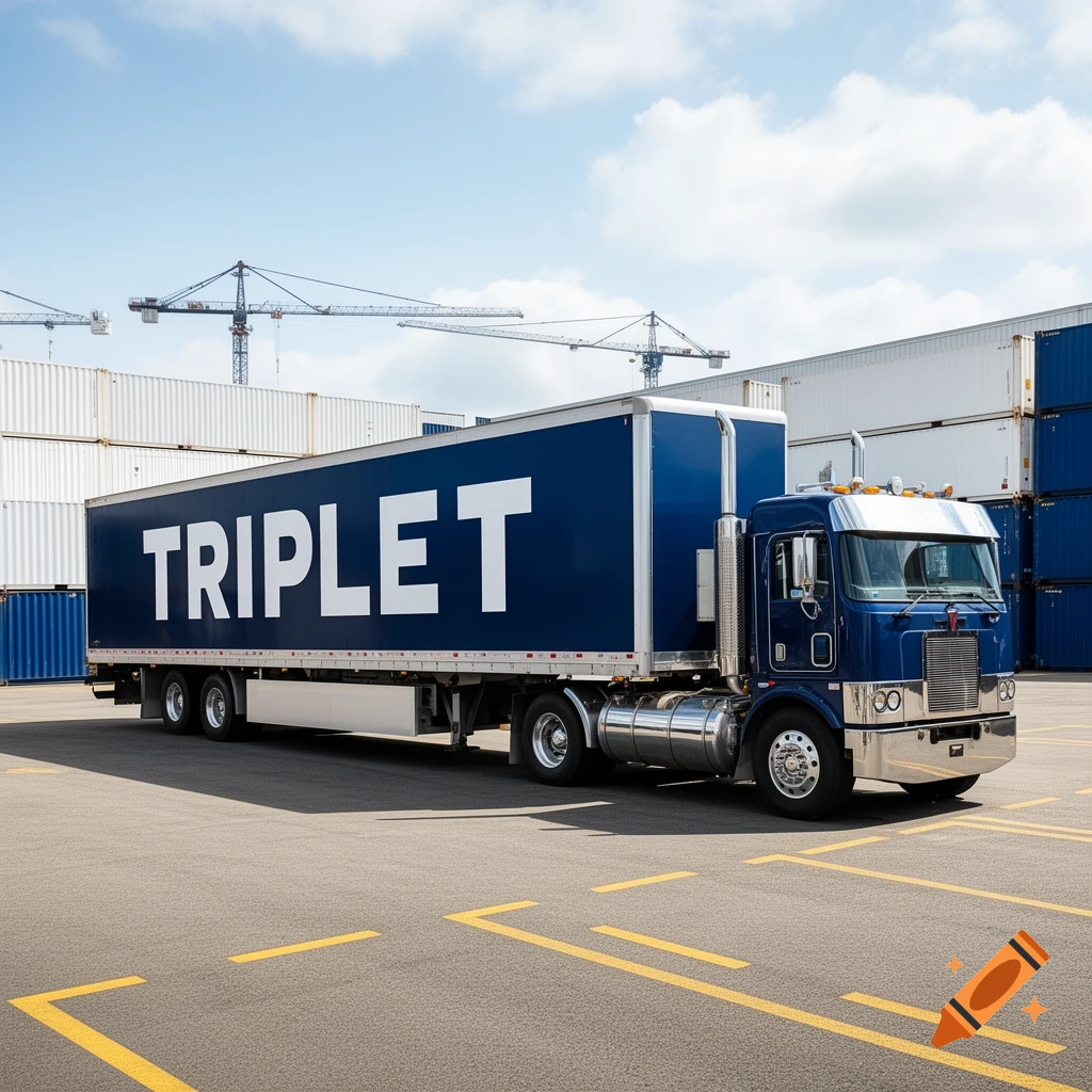 A blue semi-truck with 'TRIPLE T' written in white on its side trailer is parked in a shipping yard with shipping containers and cranes under a blue sky.