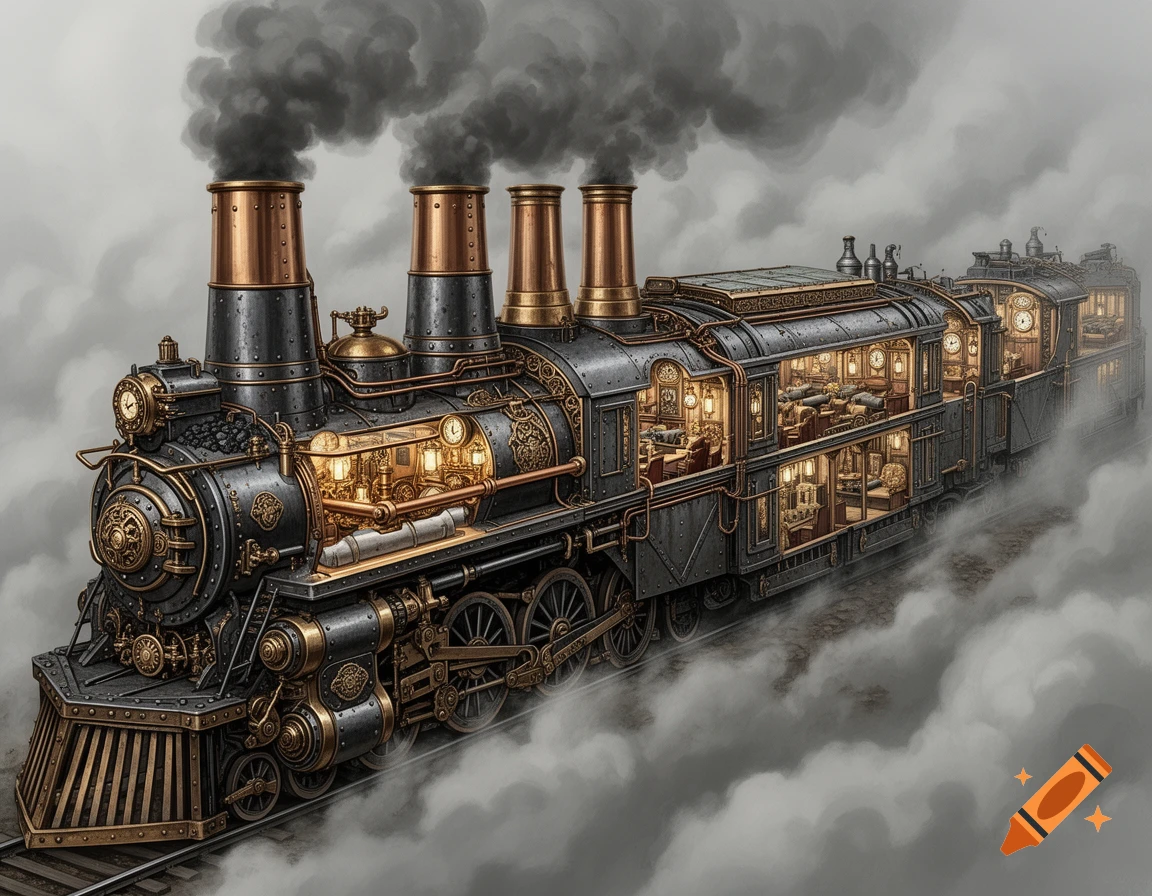 A detailed steampunk war train, cut away to reveal its ornate interiors and complex machinery, with smoke billowing.