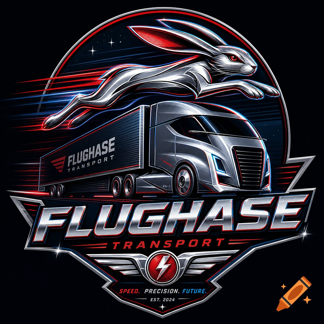 A stylized logo featuring a leaping silver rabbit over a futuristic truck with "FLUGHASE TRANSPORT" text in red, blue, and silver.