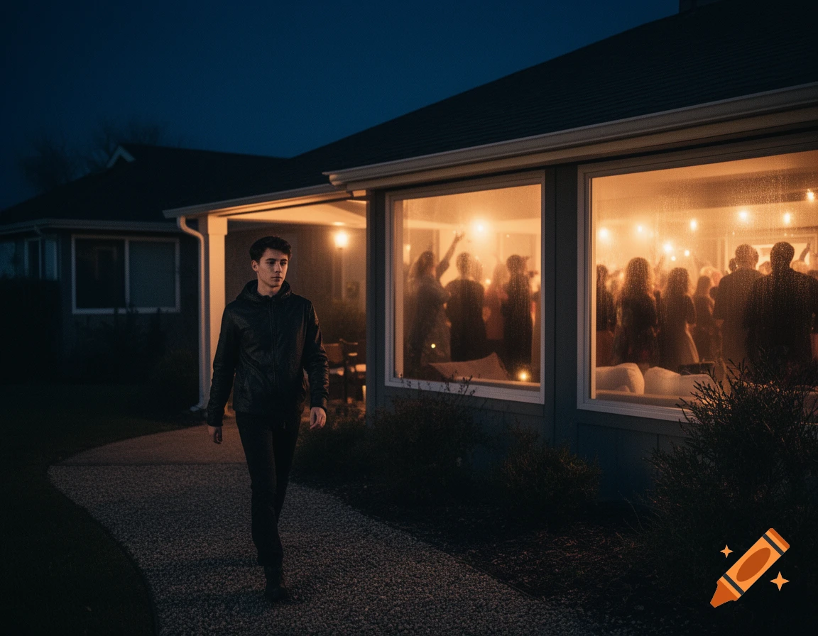 A young man in a black jacket walks past a house at night where people are having a party inside, visible through brightly lit windows.