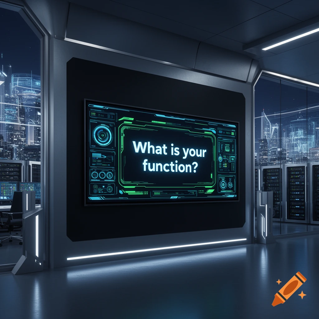 A large screen in a futuristic data center displays 'What is your function?' with UI elements, overlooking a city at night.