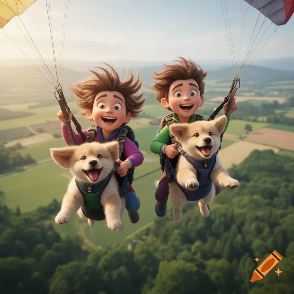 Two animated kids and two fluffy puppies smile broadly while skydiving with parachutes over green fields.