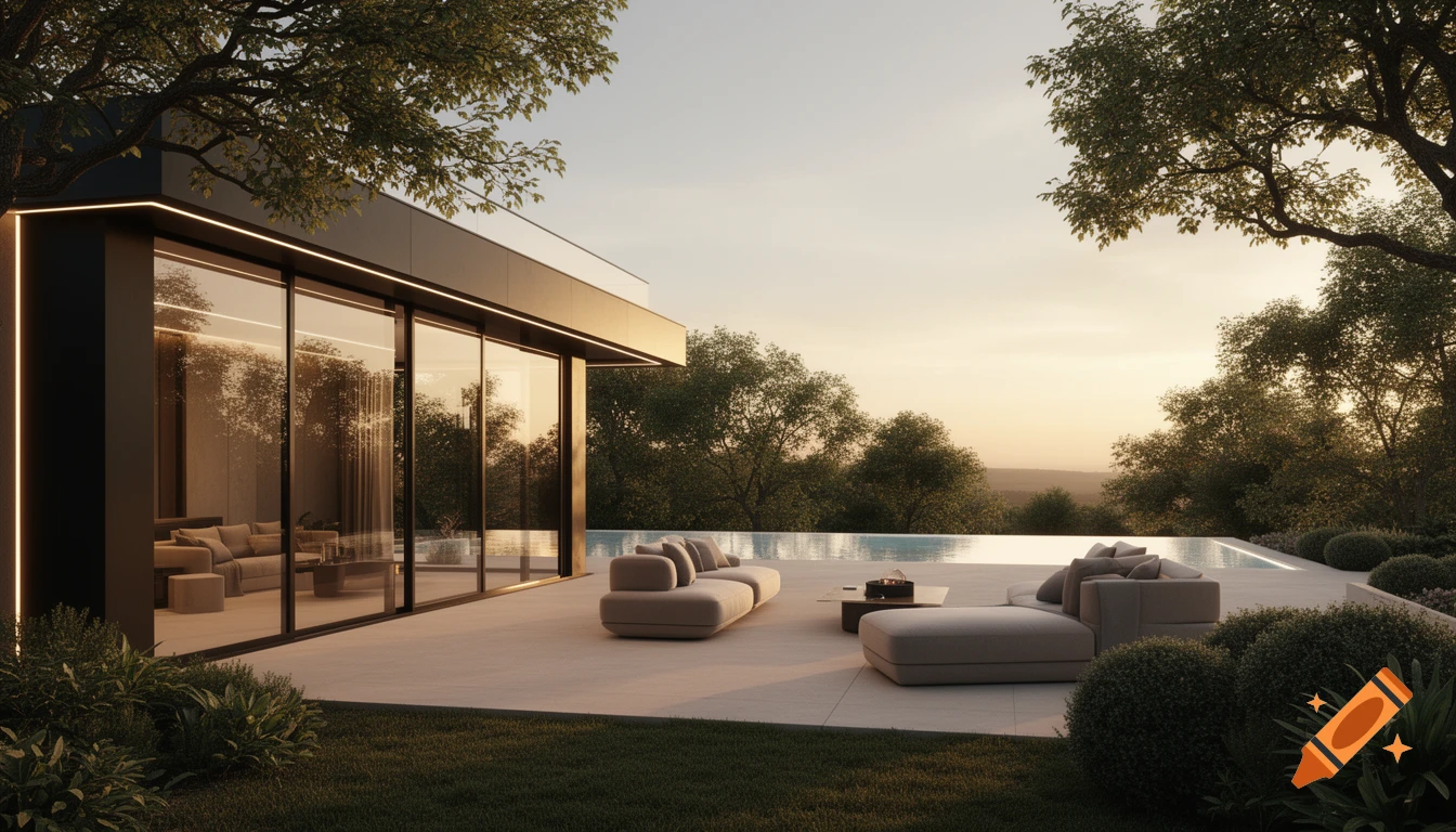 Photorealistic image of a luxury modern house with an infinity pool and outdoor patio at sunset.