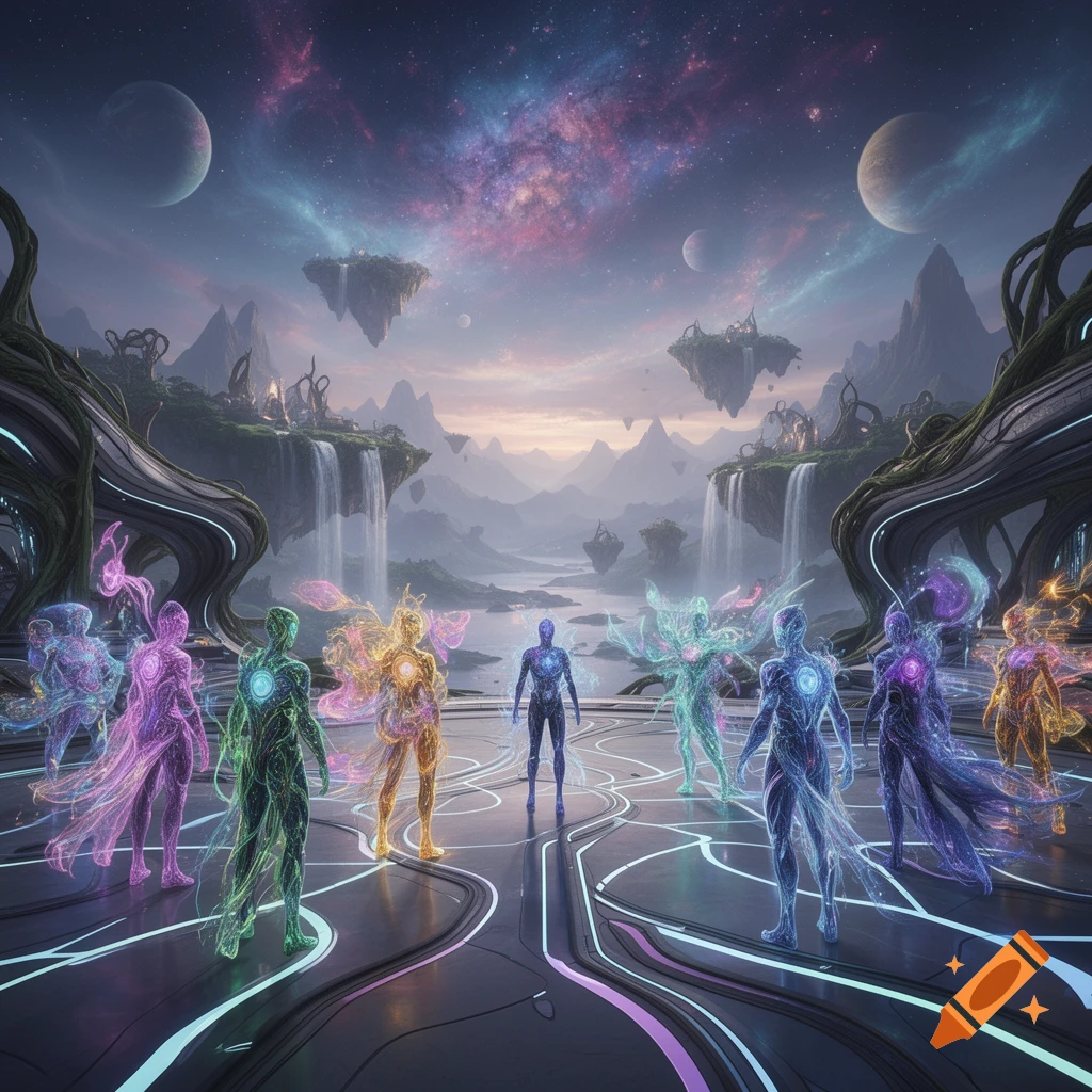 Glowing ethereal figures on a futuristic platform in a fantastical landscape with floating islands, waterfalls, and alien planets under a starry sky.