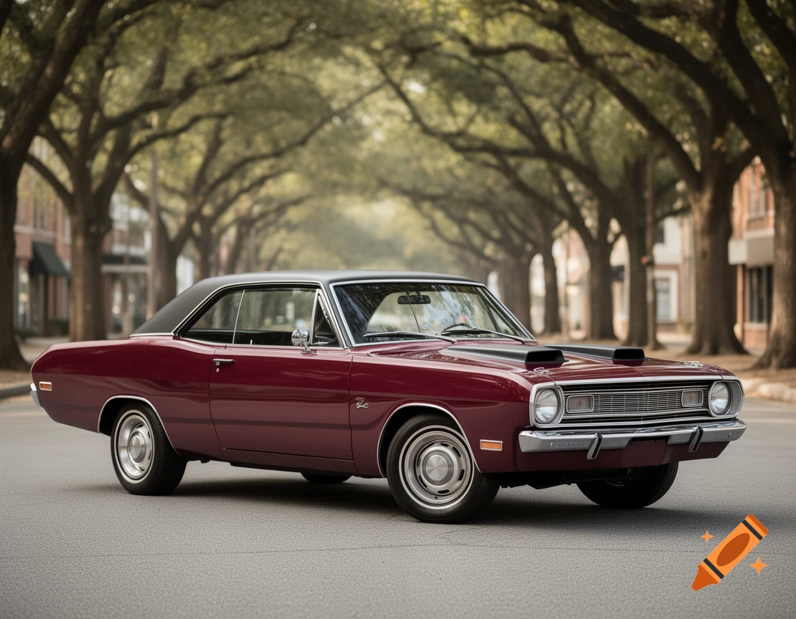 A maroon 1971 Dodge Dart with a black roof and two black hood scoops parked on a paved street lined with large leafy trees and buildings.