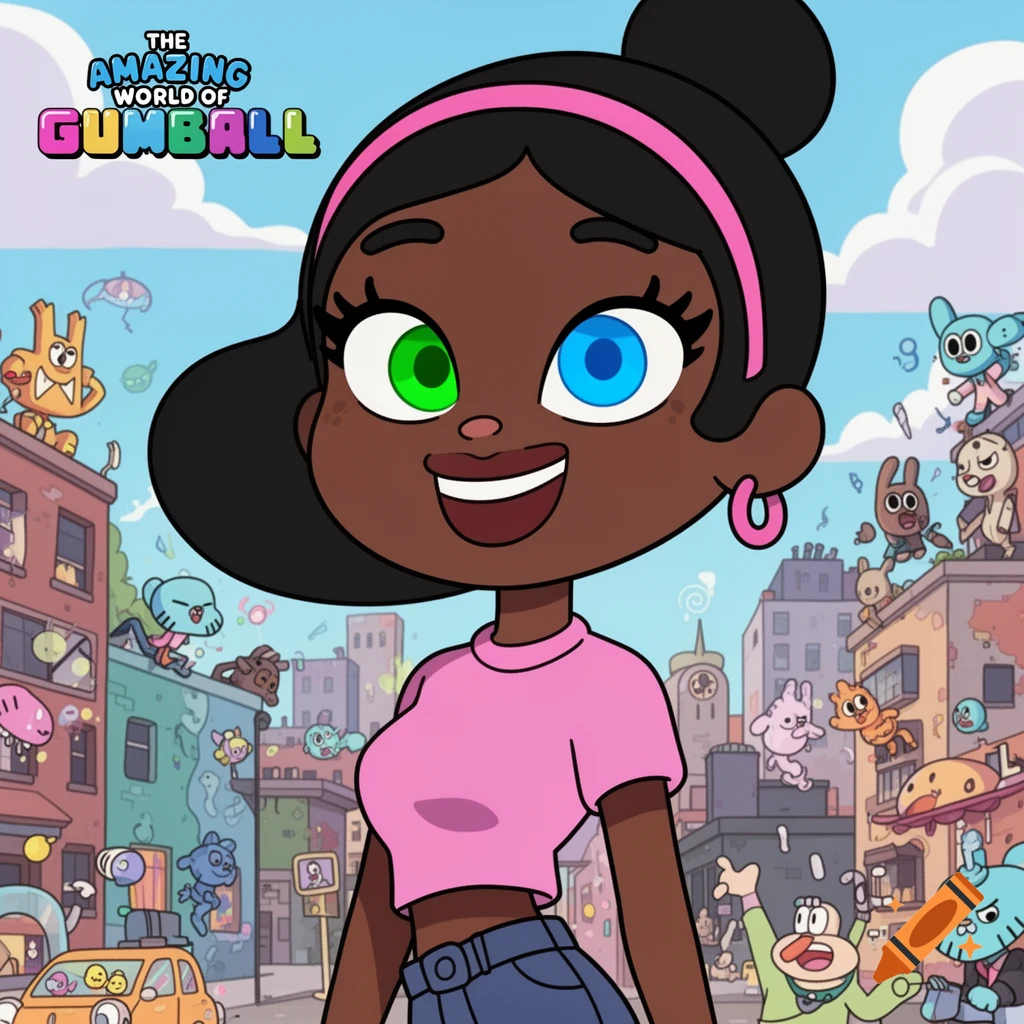 A dark-skinned female cartoon character with green and blue eyes smiles in a city populated by bizarre creatures, in the style of The Amazing World of Gumball.