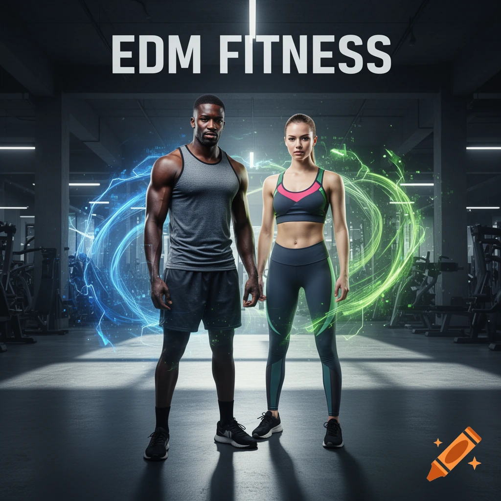 A muscular Black man and a fit white woman in activewear stand in a gym under the text "EDM FITNESS", surrounded by glowing energy.