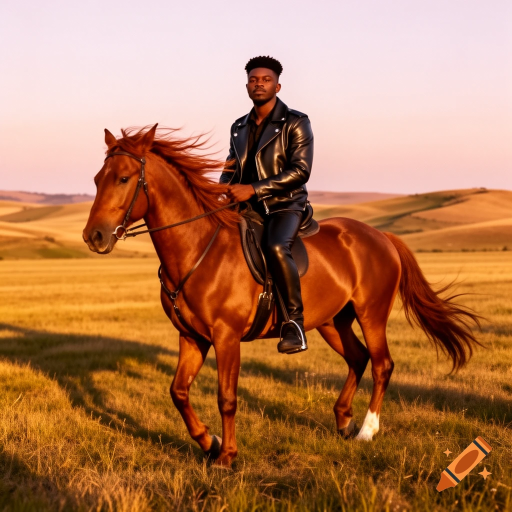 A stylish man in a leather jacket and pants rides a brown horse through a grassy field at sunset.