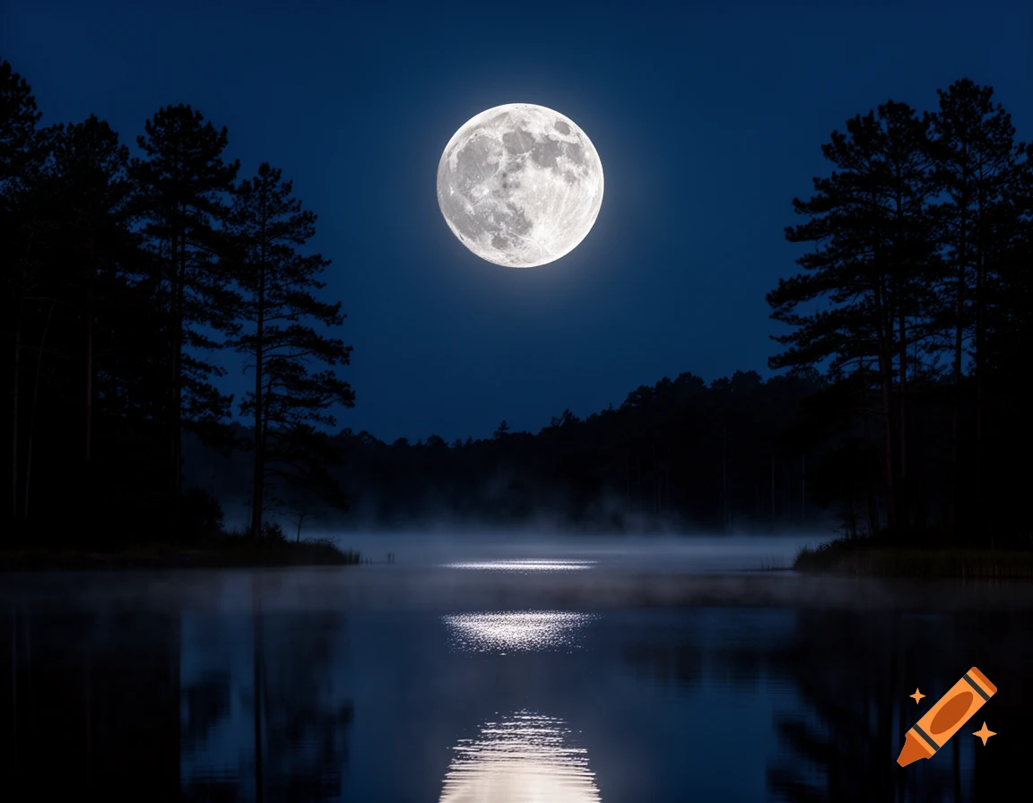 A bright full moon hangs in a dark blue night sky over a misty lake, with moonlight reflecting on the water. Silhouetted pine trees line the distant shores.