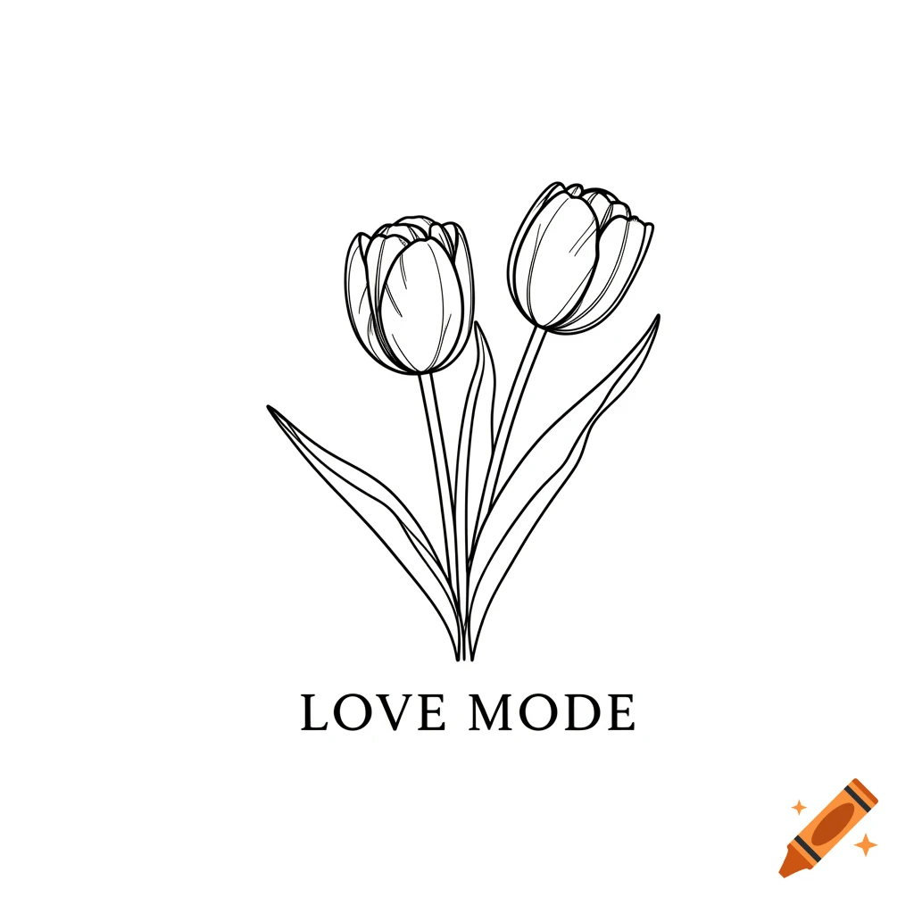 Minimalist black and white line art illustration of two tulips with the text 'LOVE MODE'.