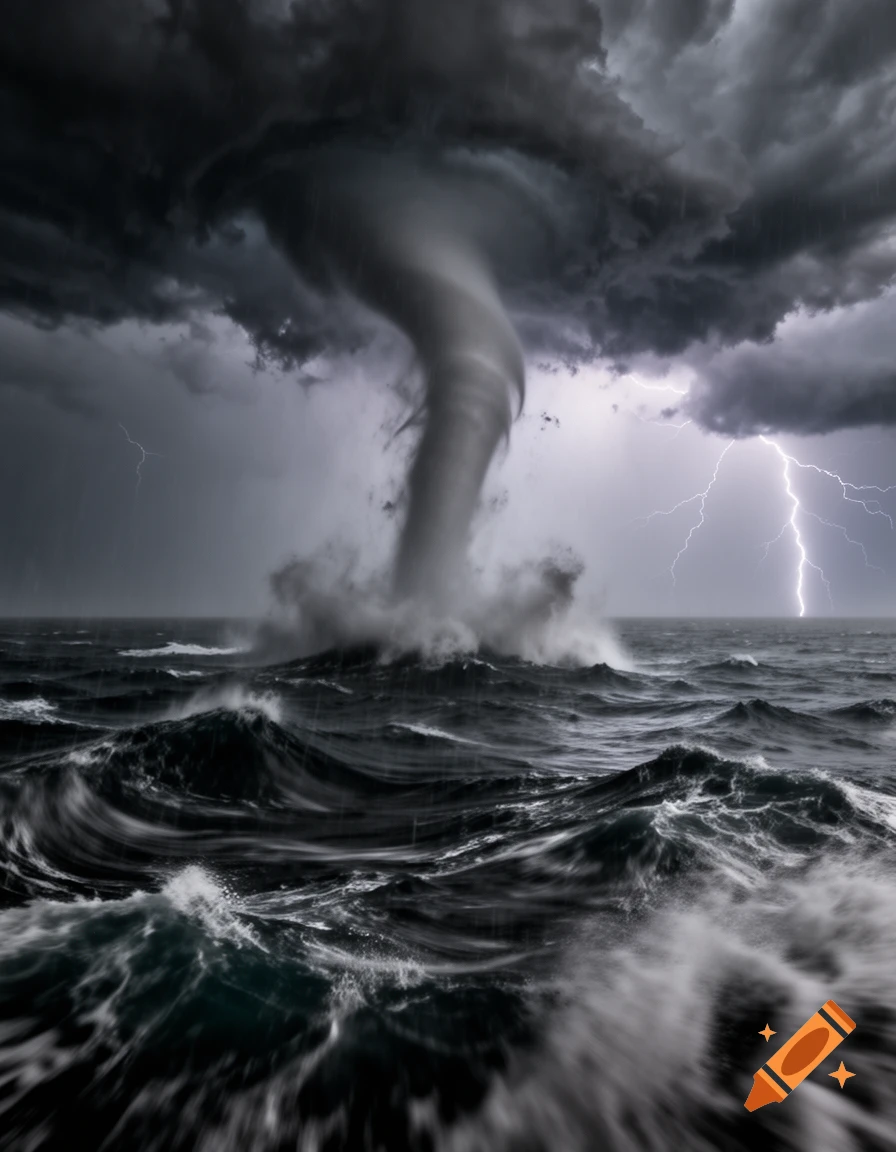 Photorealistic image of a powerful tornado over a turbulent ocean under a dark, stormy sky with lightning.
