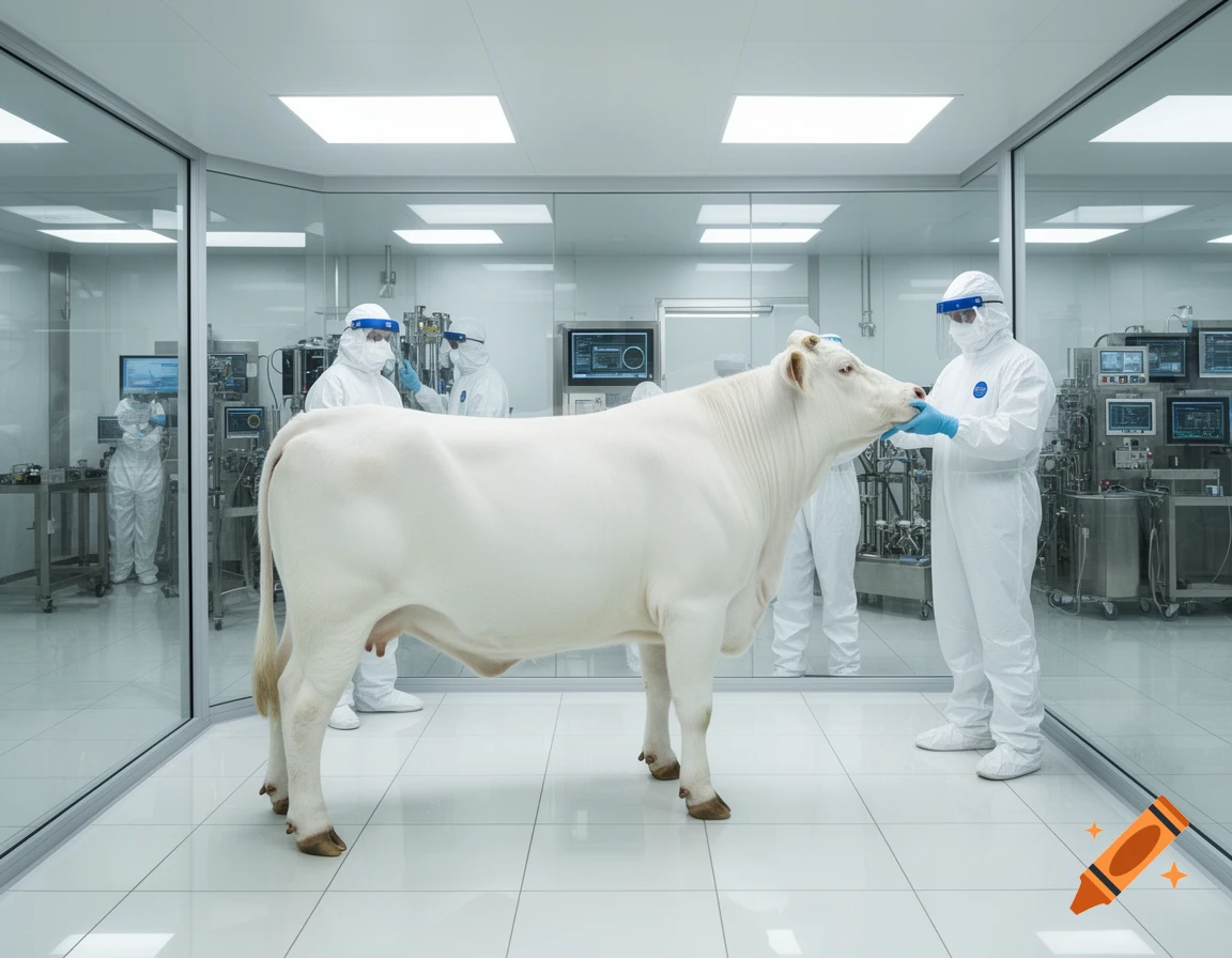 A pristine white cow is examined by scientists in full hazmat suits within a sterile, modern laboratory.