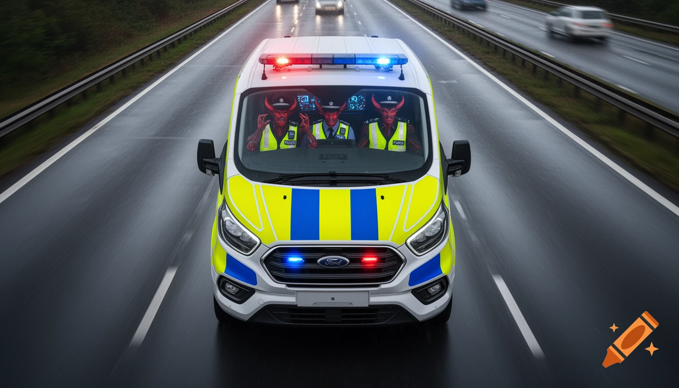 A UK police van with flashing lights drives on a wet motorway, three red-skinned demons with horns and police hats visible inside.