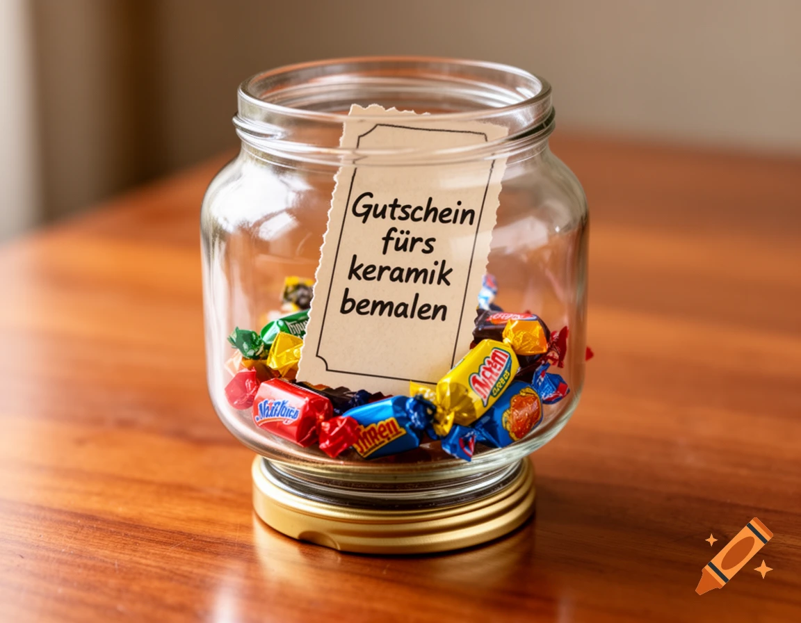 A clear glass jar containing colorful wrapped candies and a paper voucher with German text for 'ceramic painting' on a wooden table.