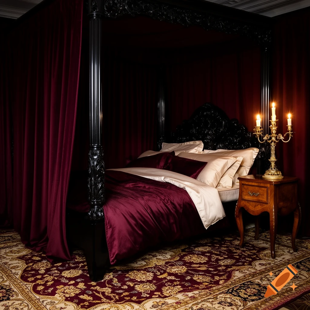 A lavish bedroom with a dark wood four-poster bed, deep red velvet curtains, and an ornate gold candelabra on a wooden nightstand, set on a patterned rug.