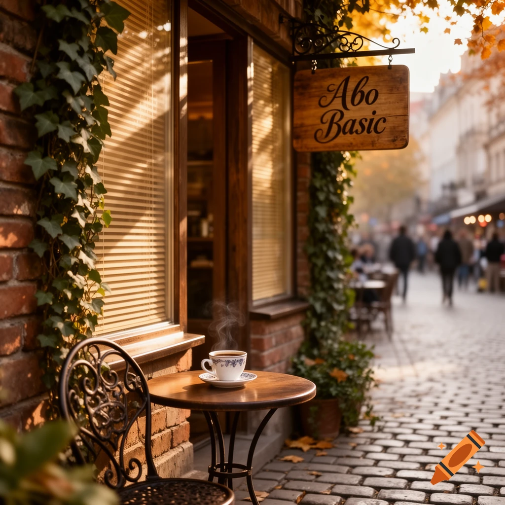 Steaming coffee on an outdoor table at a quaint coffee shop with an 'Abo Basic' sign, set on a cobblestone street with autumn leaves.