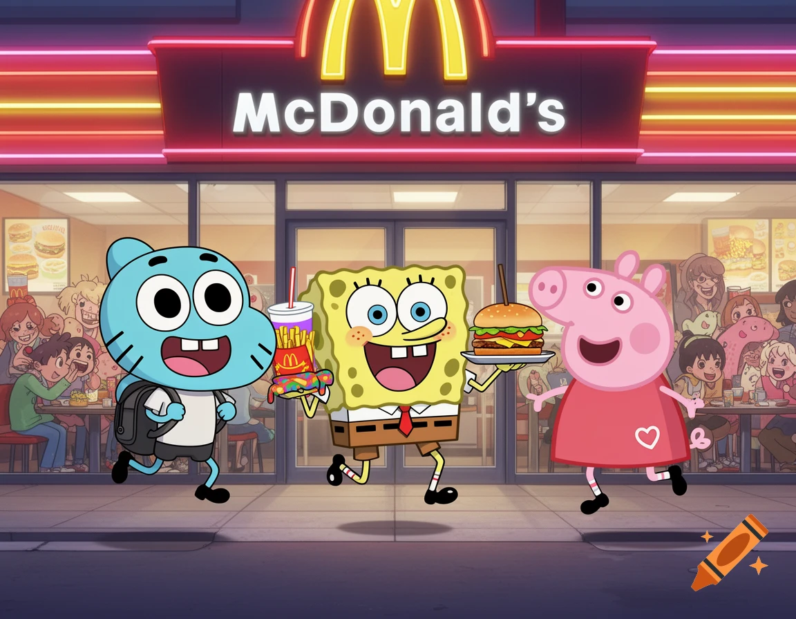 Cartoon characters Gumball, SpongeBob, and Peppa Pig run outside a McDonald's, holding fast food.