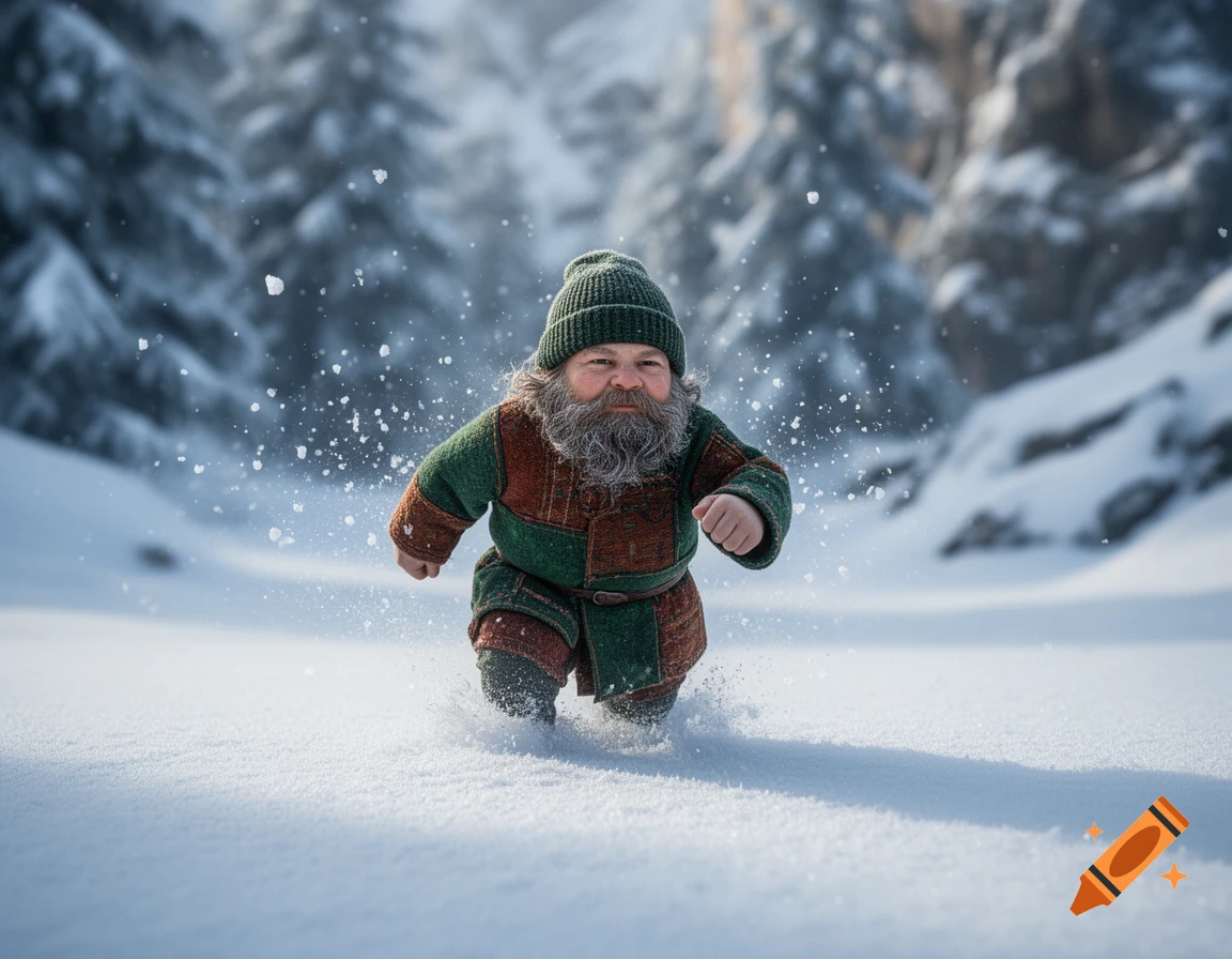 A bearded dwarf in a green and brown outfit runs through deep snow in a winter forest, photorealistic.
