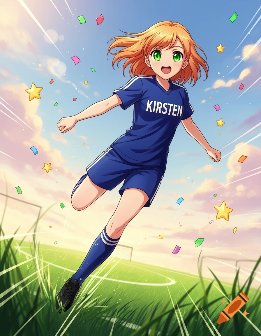 Smiling anime girl with orange hair and green eyes, wearing a blue soccer uniform with 'KIRSTEN' on it, jumping on a field with confetti and stars.