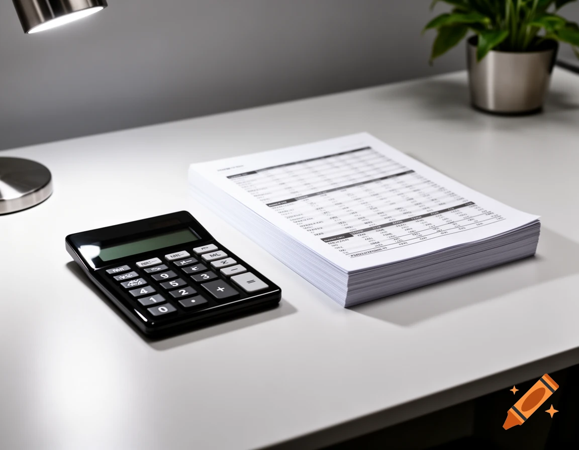 A clean, modern desk with a black calculator, a stack of financial reports, a desk lamp, and a potted plant.