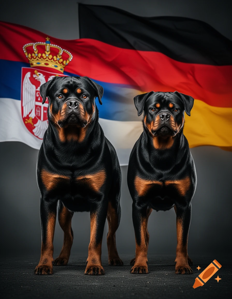 Two black and tan Rottweiler dogs stand facing forward in a studio, with the Serbian flag on the left and the German flag on the right in the background.