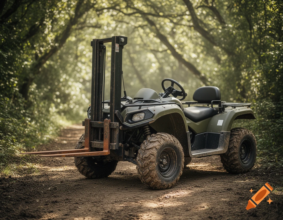 An olive green ATV with a forklift attachment on a muddy dirt path under a canopy of green trees.