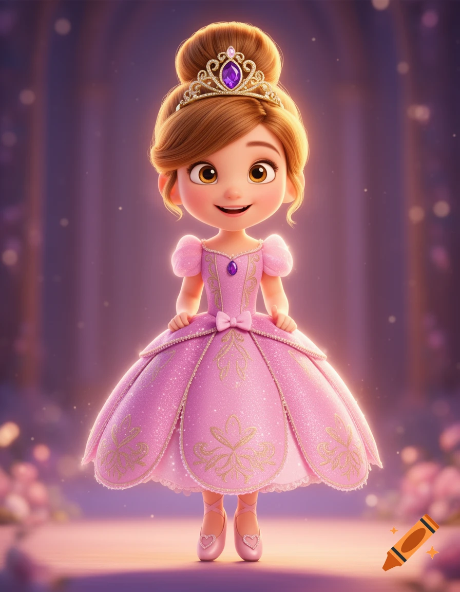 A cute 3D cartoon princess with a high bun, tiara, pink glittery ballgown, and ballet shoes.