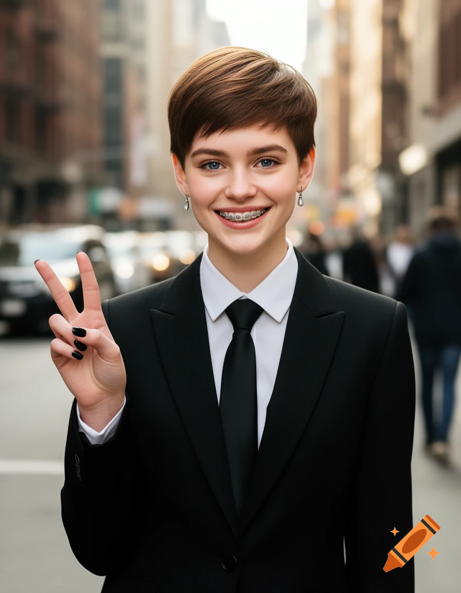 A young woman with a pixie cut, braces, and black nails smiles in a black suit, making a peace sign on a city street.