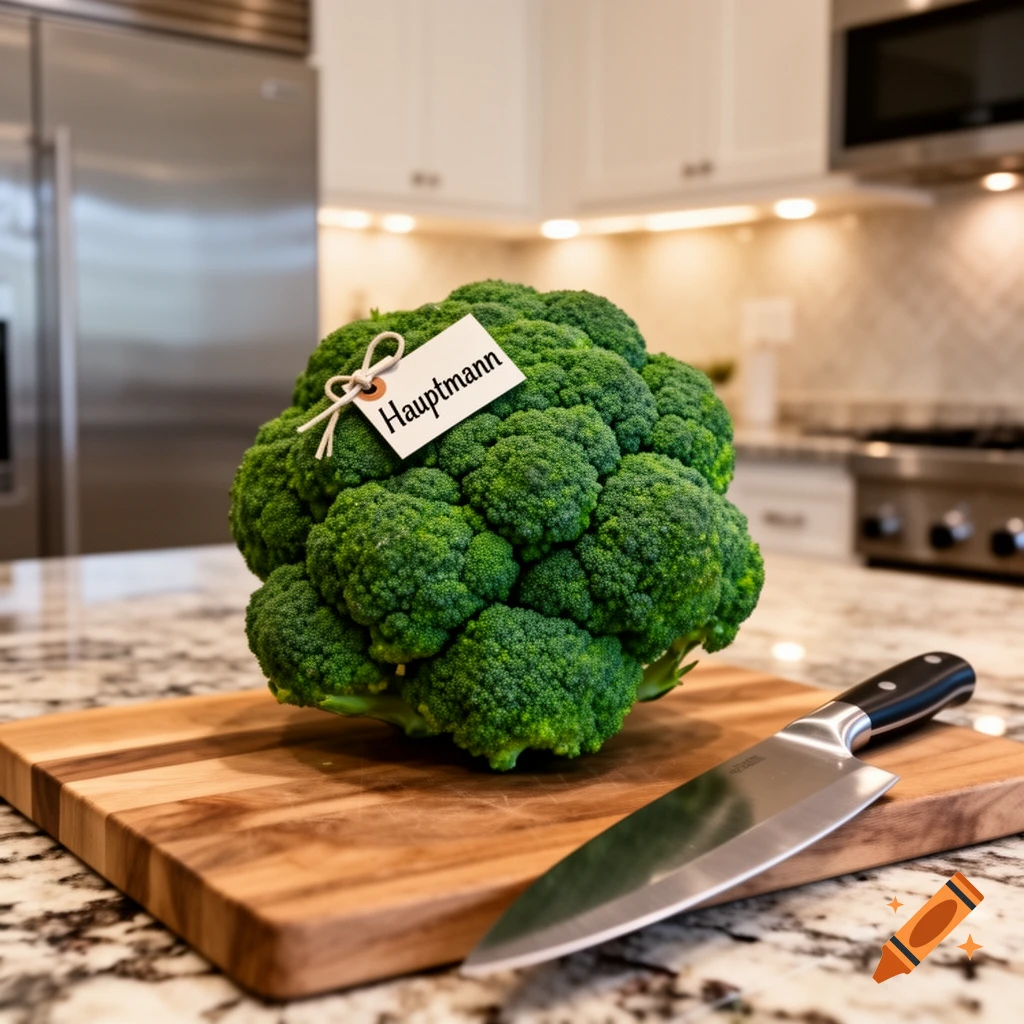 A head of broccoli with a white tag labeled 'Hauptmann' on a wooden cutting board next to a knife in a modern kitchen.