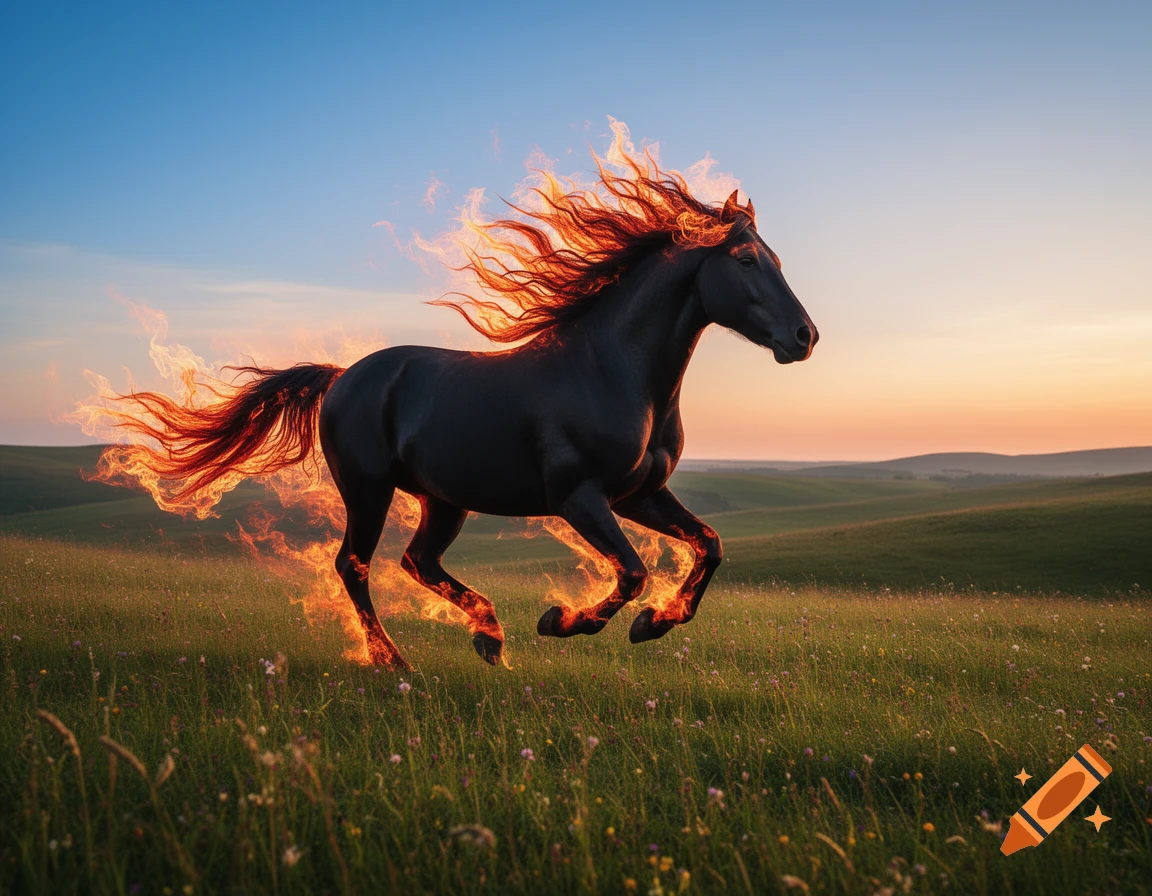 A majestic black horse with a flaming mane and tail gallops across a vibrant green field at sunset.