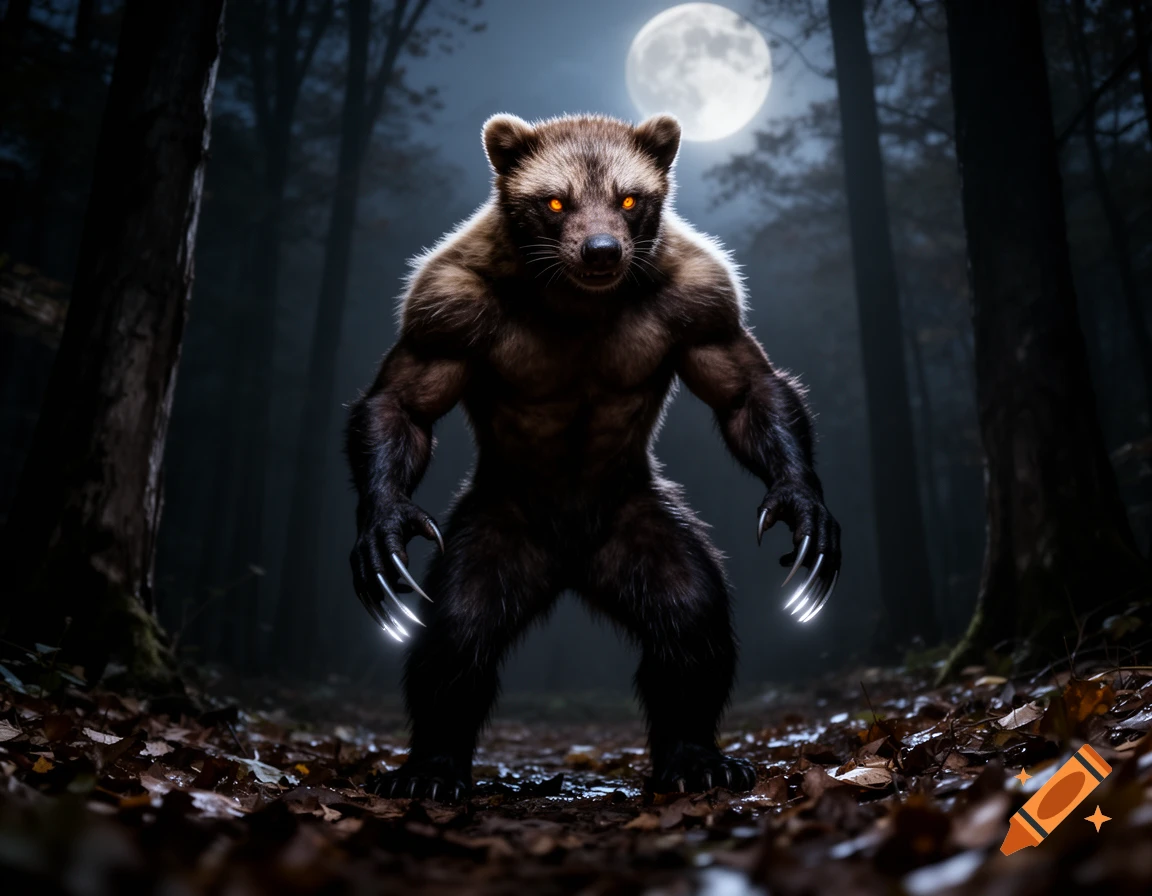 A muscular humanoid wolverine creature with glowing orange eyes and sharp claws stands in a dark forest under a full moon.