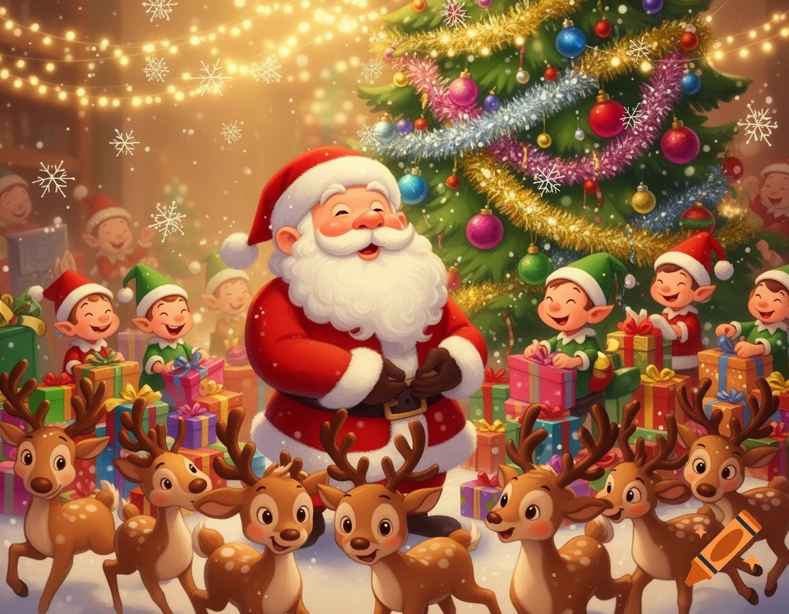 Jolly Santa Claus surrounded by smiling elves and reindeer, with a decorated Christmas tree and falling snow in a festive cartoon style.