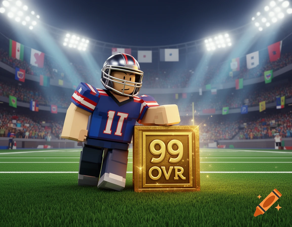 A Roblox character in a blue and red American football jersey with number 11, wearing a helmet, leans on a golden "99 OVR" box in a brightly lit stadium.