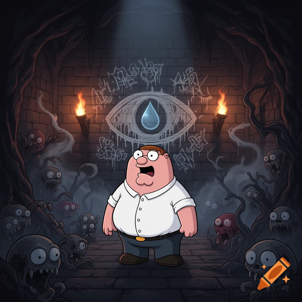 Peter Griffin stands in a dark dungeon, looking scared amidst creepy zombie-like creatures and glowing torches, with a cryptic eye symbol on the wall.
