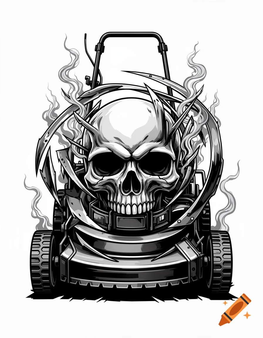 Detailed black and white vector art of a skull-faced lawnmower emitting smoke.