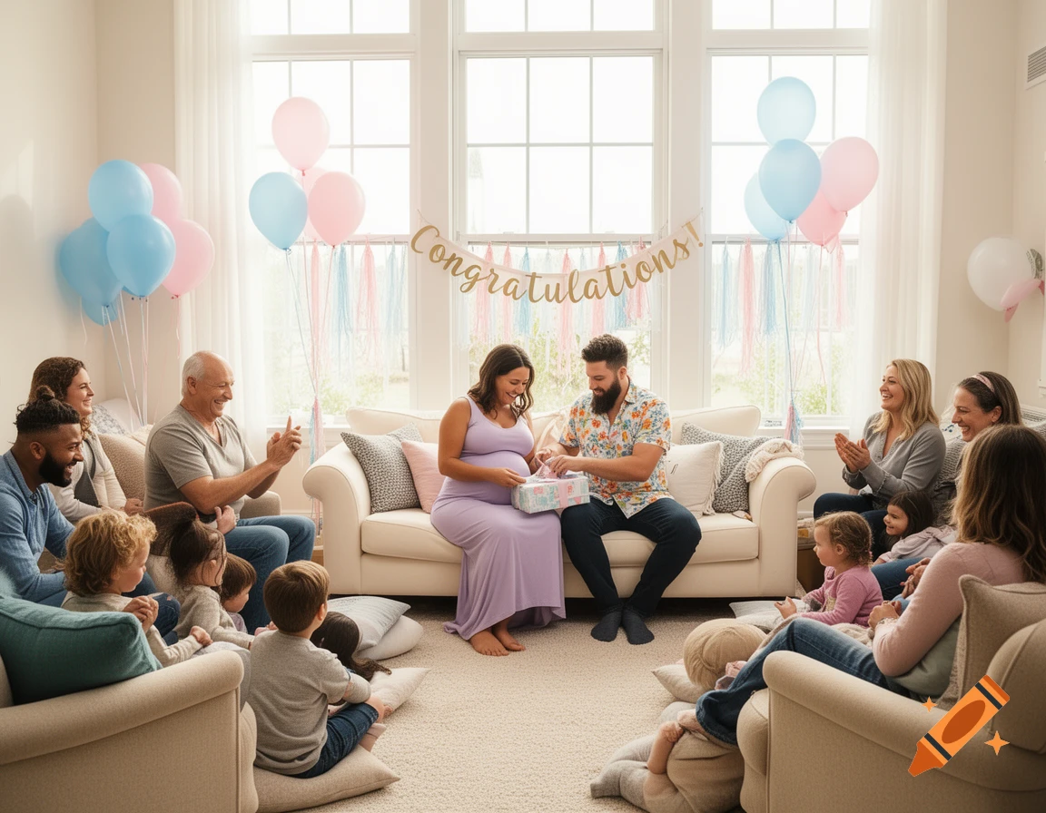 A diverse group of family and friends celebrate a baby shower, with a pregnant woman opening gifts on a couch, surrounded by balloons and a 'Congratulations' banner.