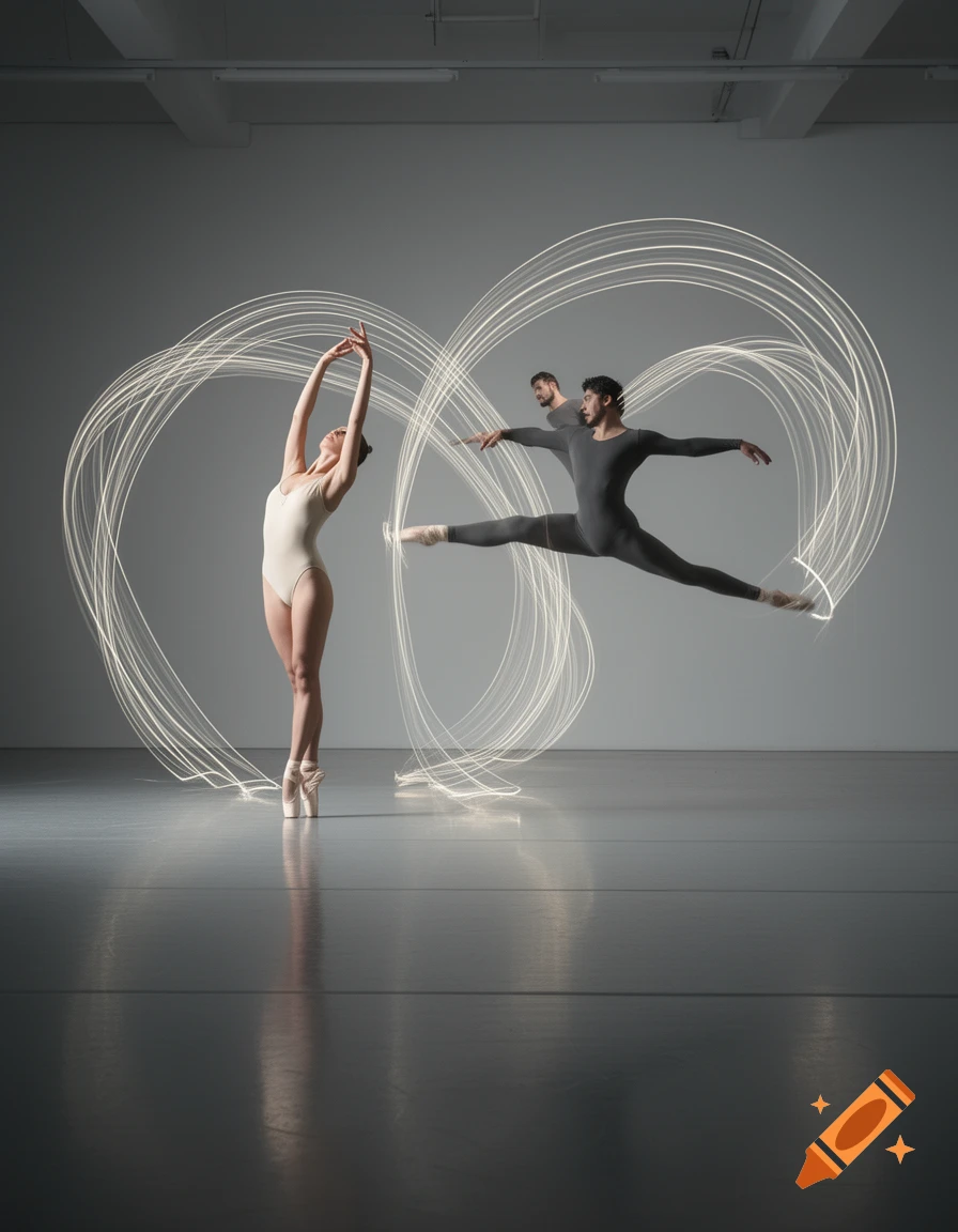 Two ballet dancers, a woman en pointe and a man mid-jump, create light trails in a dynamic, abstract studio photograph.
