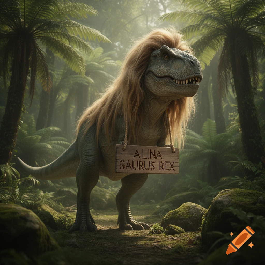 A T-Rex with long blonde hair and a wooden sign around its neck that reads "ALINA SAURUS REX" stands in a lush, misty jungle.