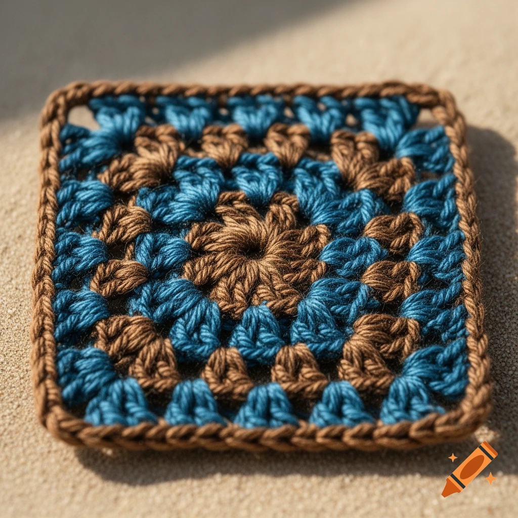 A close-up of a blue and brown crochet granny square on a light surface.