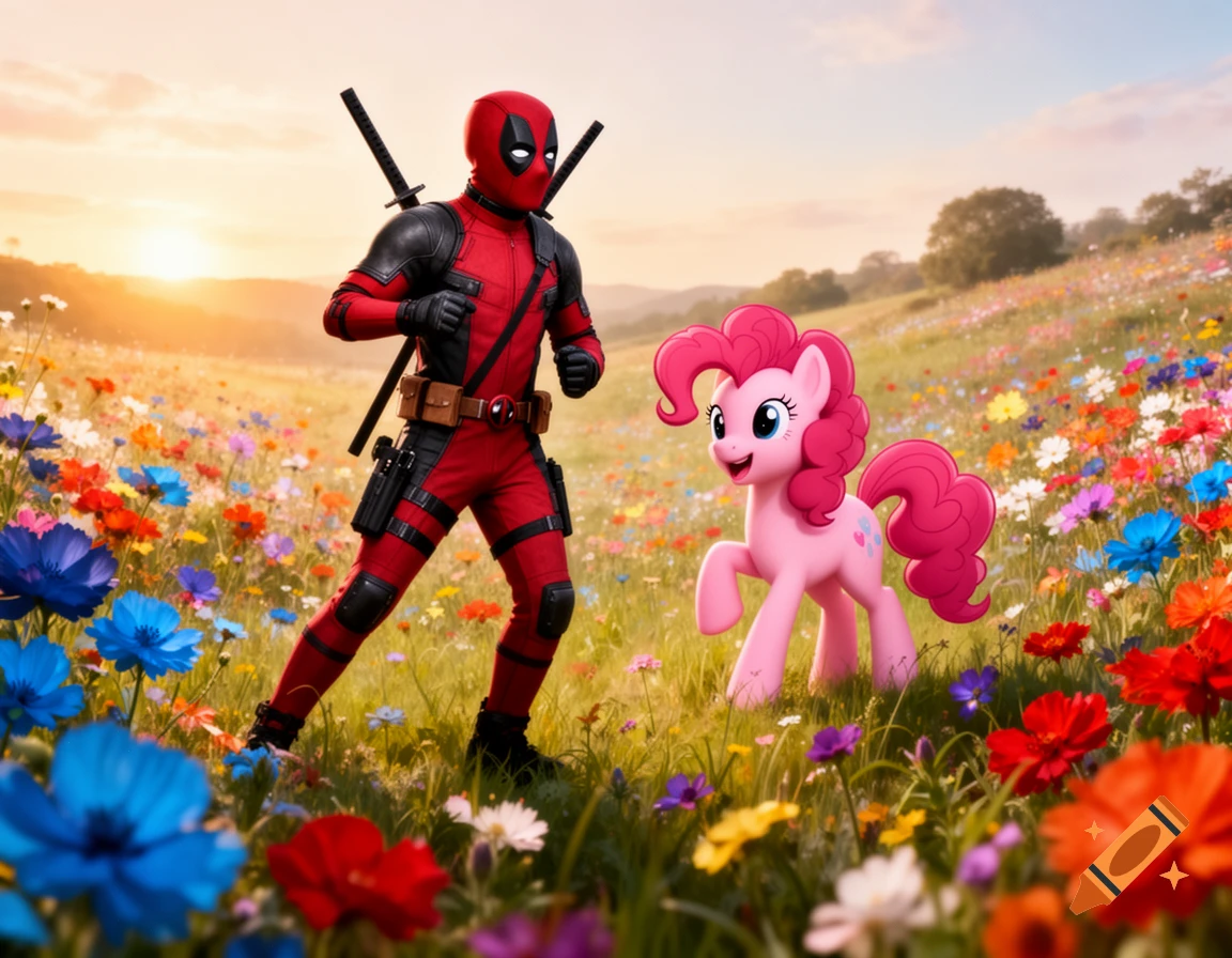 Deadpool and Pinkie Pie happily skipping through a vibrant, colorful flower meadow at sunset in a photorealistic style.