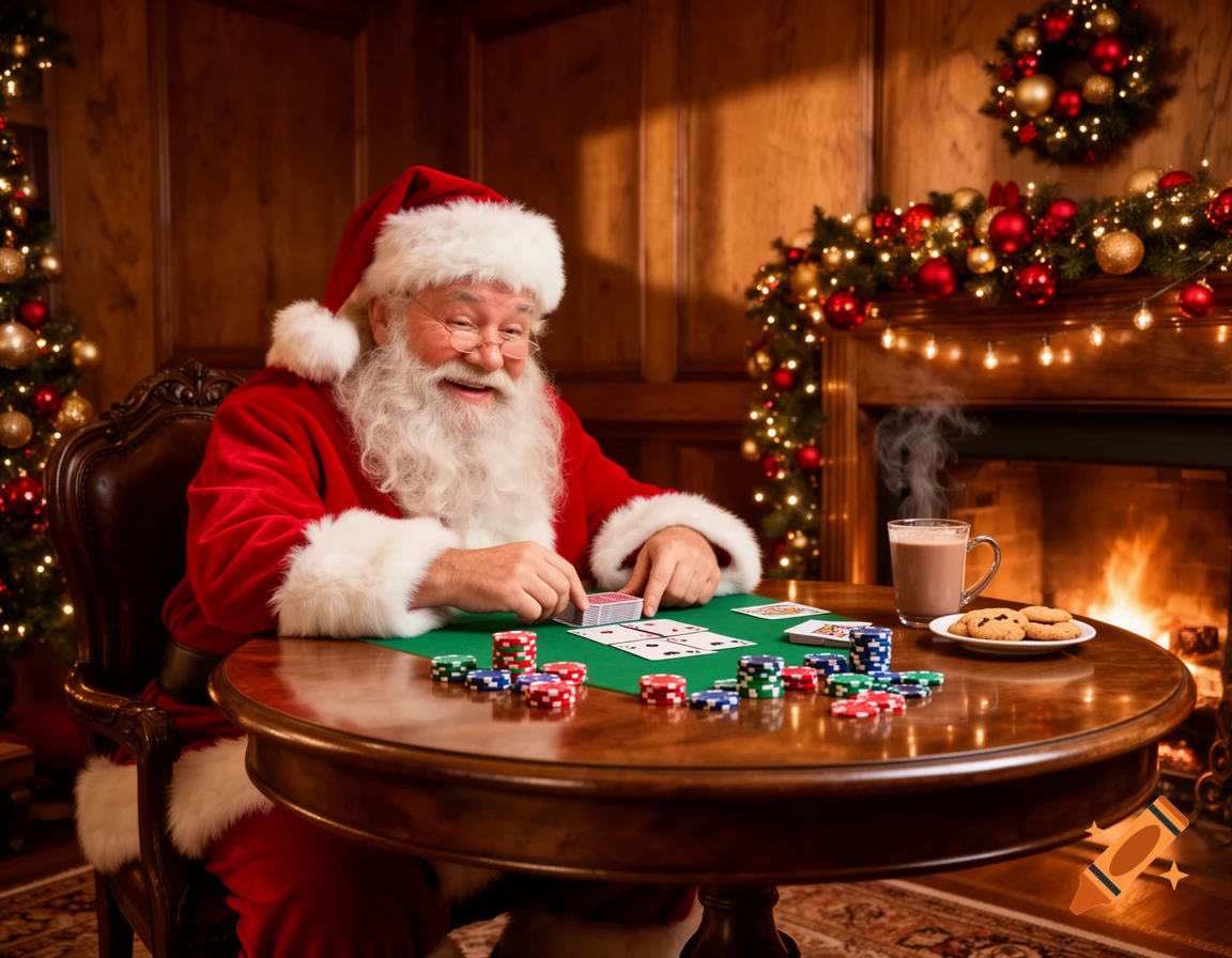 Photorealistic image of Santa Claus smiling while playing poker at a table in a cozy, Christmas-decorated room.