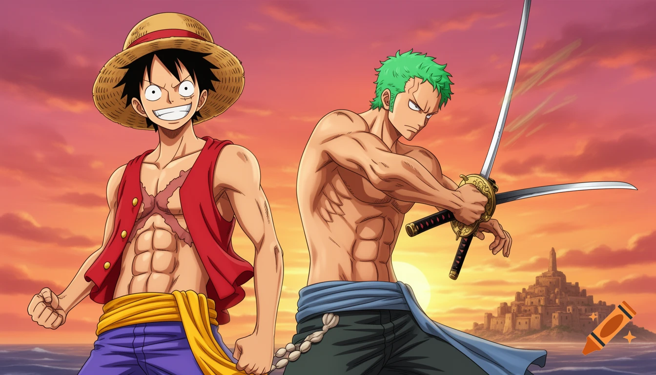Anime illustration of Luffy showing his abs next to Zoro holding three katanas, with a sunset over a desert city.