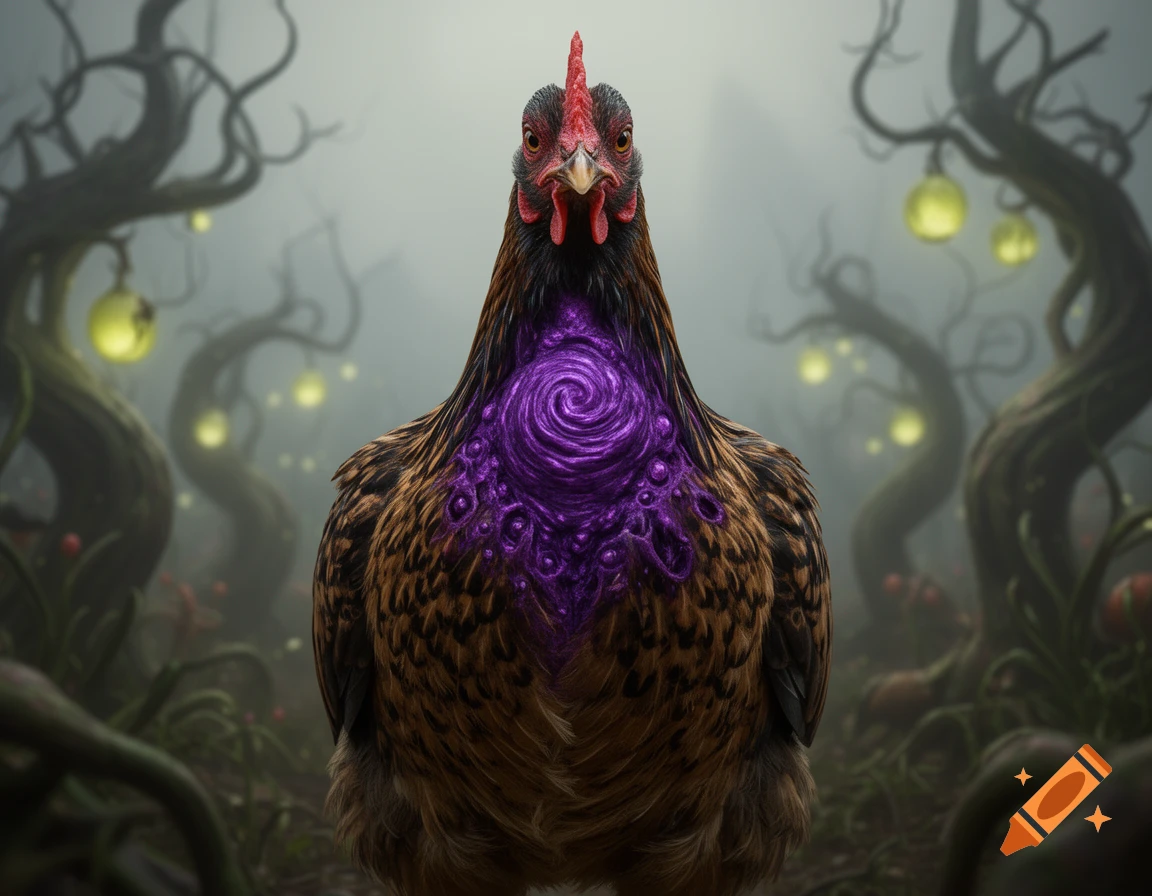 A stylized chicken with a glowing purple swirled chest stands in a misty, eerie forest with twisted trees and glowing orbs.
