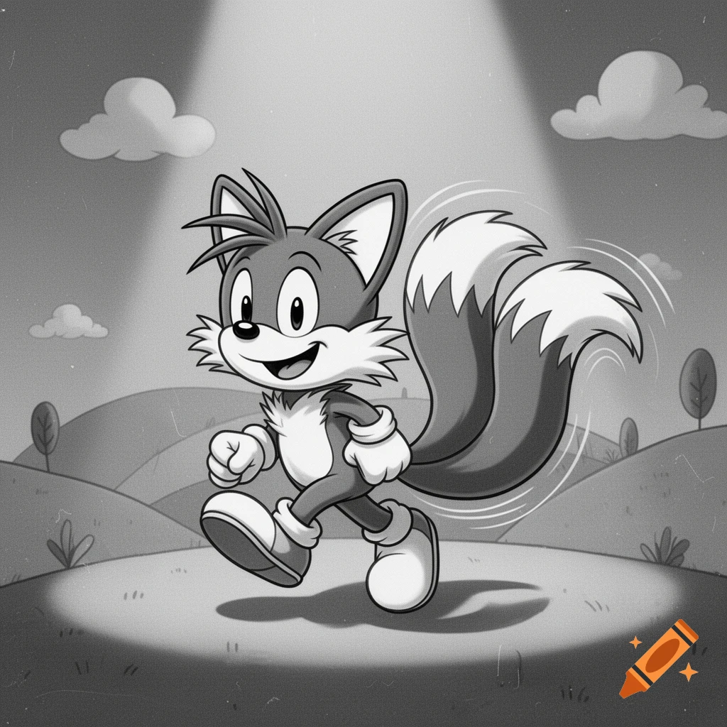 Black and white 1930s cartoon of Tails, a fox, walking happily in a spotlight on a hilly landscape.