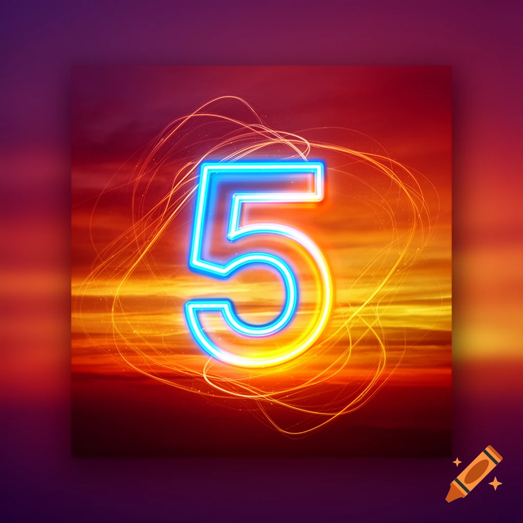 A glowing neon blue and orange number 5 against a fiery abstract background with light trails.